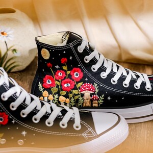 Custom Embroidered Converse, Evil Eye Flower Embroidered Converse Shoes Custom, Red Floral Embroidered Sneaker, Converse Embroidery Evil Eye