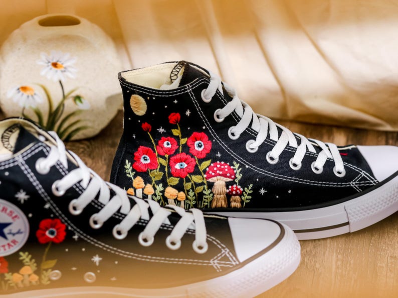 Custom Embroidered Converse, Evil Eye Flower Embroidered Converse Shoes Custom, Red Floral Embroidered Sneaker, Converse Embroidery Evil Eye