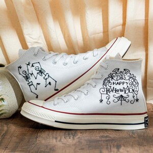 Custom Halloween Embroidered Converse Chuck Taylor High Tops, Converse Embroidery Dancing Skeletons & Spooky, Custom Sneaker, Halloween Gift