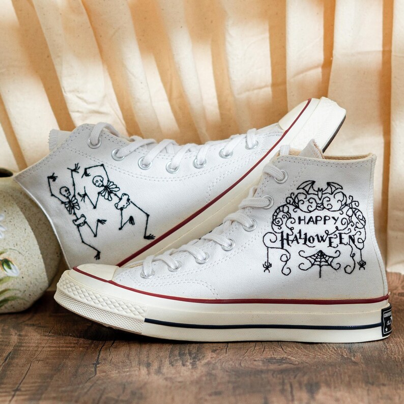 Custom Halloween Embroidered Converse Chuck Taylor High Tops, Converse Embroidery Dancing Skeletons & Spooky, Custom Sneaker, Halloween Gift