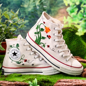 Custom Converse Embroidery, Trumpet Creeper Flower Embroidered Converse, Trumpet Vine and Ladybug Embroidered Shoes Custom , Gift for Her