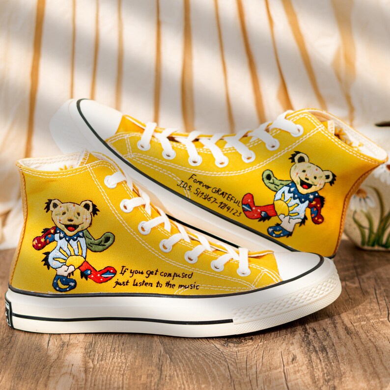 Custom Character Embroidered Converse High Tops, Funny Teddy Bear Embroidery Shoes Yellow, Personalized Embroidered Sneaker, Cute Gift Idea