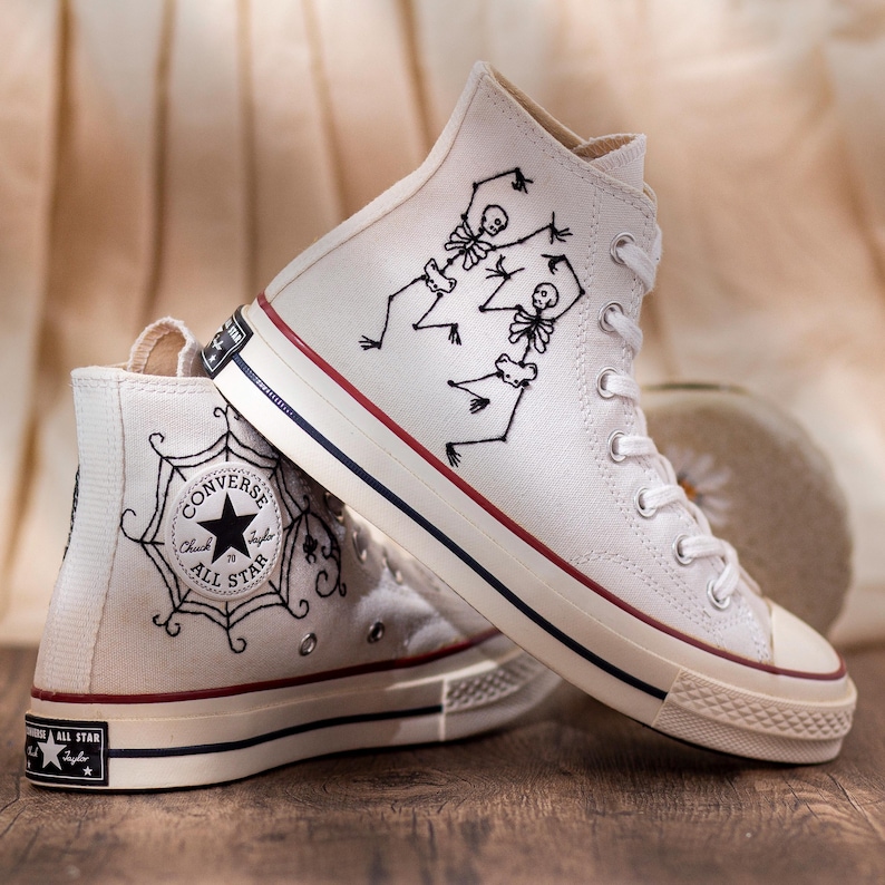 Converse Embroidered Dancing Skeleton 90s Vintage Style Shoes, Retro Skeleton Sneakers, Skull Funny Embroidery Shoes