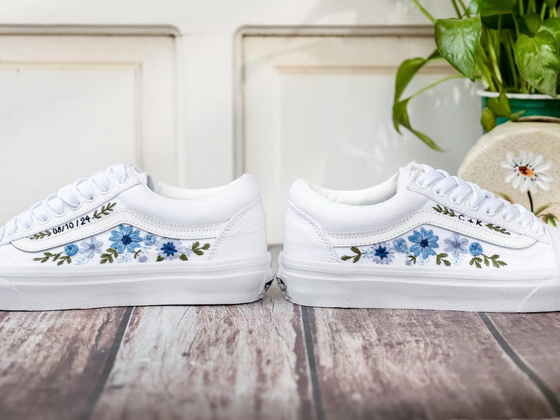 Custom Wedding Vans, Blue Flowers Embroidered Shoes for Bride, Floral Embroidered Vans, Custom Sneakers Embroidery Flowers, Wedding Gifts