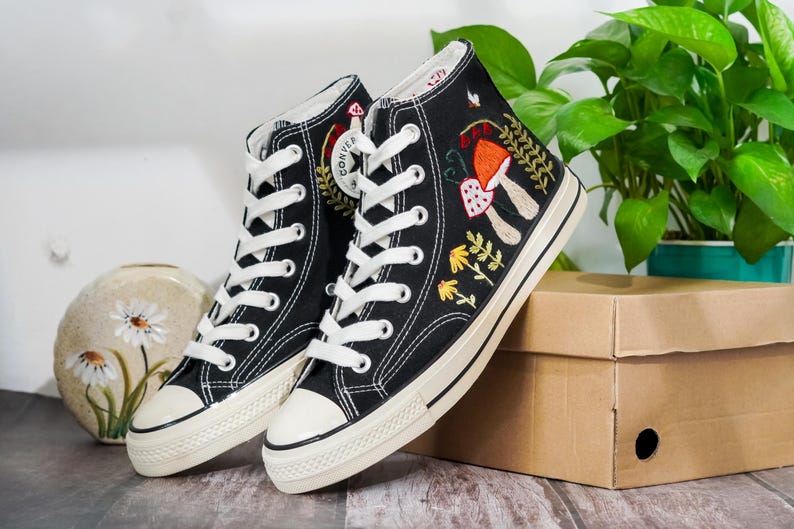 Embroidered Converse Mushroom, Butterfly, Converse Embroidery Mushroom, Custom Shoes Embroidered Butterfly, Mushrooms Sneakers, Gift for Her