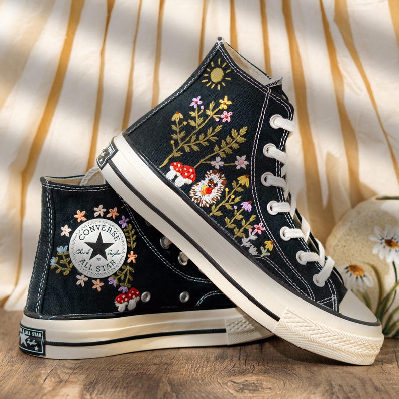 Handcrafted Embroidered Converse High Top, Custom Floral Embroidery Converse, Hedgehog And Mushroom Design Embroidered Sneakers, Unique Gift