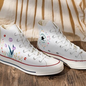 Customized Converse Shoes, Embroidered Converse Chuck 70 High Tops, Sneakers Embroidery Tulip And Butterfly, Custom Bride Shoes, Women Gift