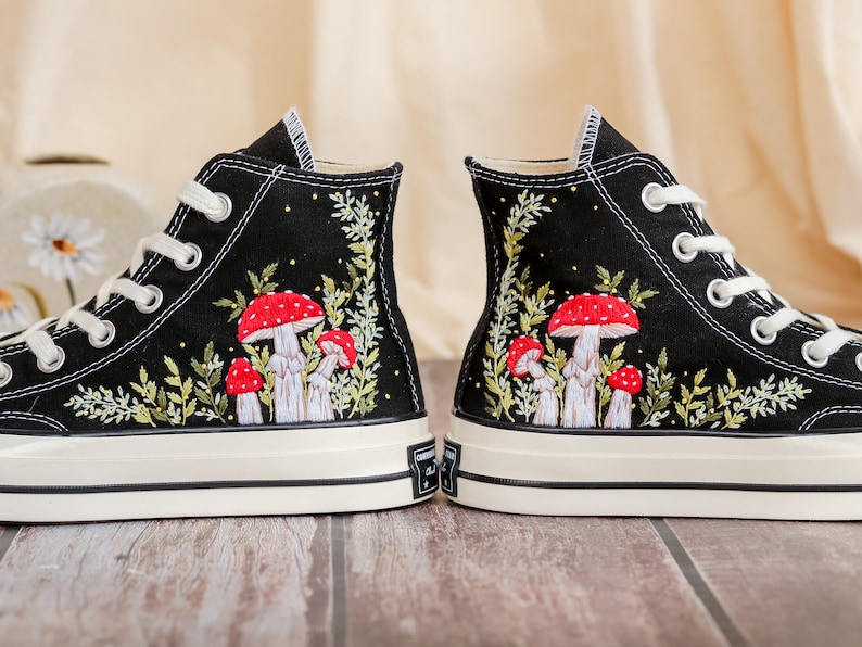 Custom Embroidered Converse Chuck Taylor 1970s, Mushrooms Embroidered Sneakers Custom, Mushrooms Embroidered Converse Shoes, Gifts for Her