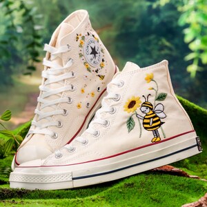 Custom Floral Converse, Bees, Sunflowers Embroidery Converse, Flower and Bee Embroidered Shoes, Unique Custom Floral Sneakers, Gift For Her