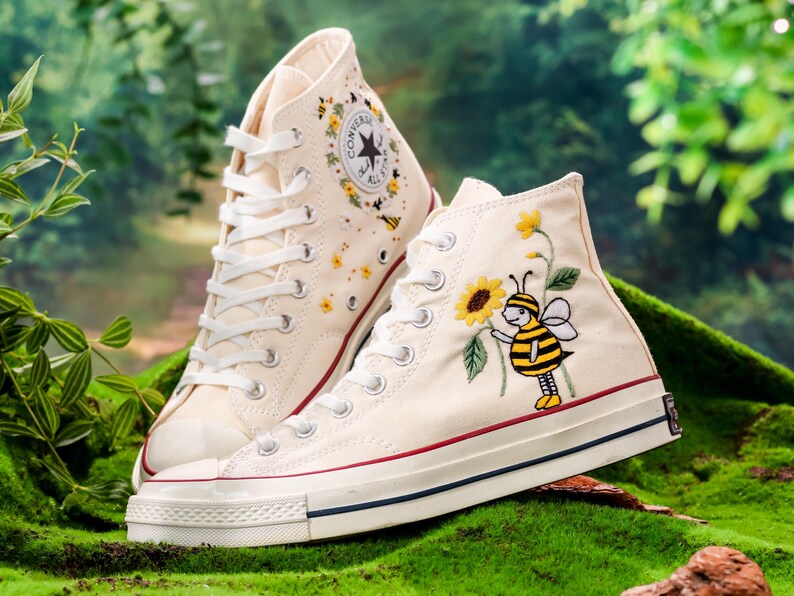 Custom Floral Converse, Bees, Sunflowers Embroidery Converse, Flower and Bee Embroidered Shoes, Unique Custom Floral Sneakers, Gift For Her