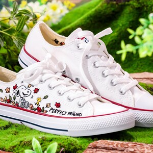 Handpainted Embroidered Converse Low Top, Converse Embroidery Cute Beagle Dog & Little Yellow Bird, Custom Animal Lovers’ Sneakers
