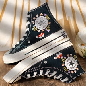 Handcrafted Embroidered Converse High Top, Custom Floral Embroidery Converse, Hedgehog And Mushroom Design Embroidered Sneakers, Unique Gift