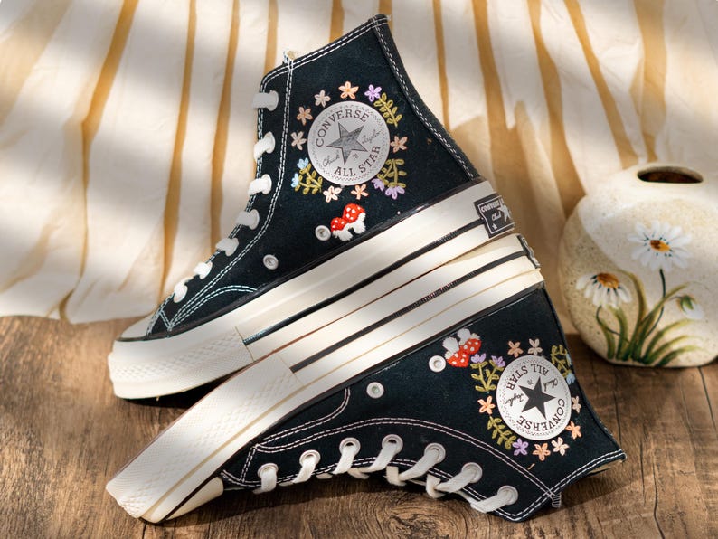 Handcrafted Embroidered Converse High Top, Custom Floral Embroidery Converse, Hedgehog And Mushroom Design Embroidered Sneakers, Unique Gift
