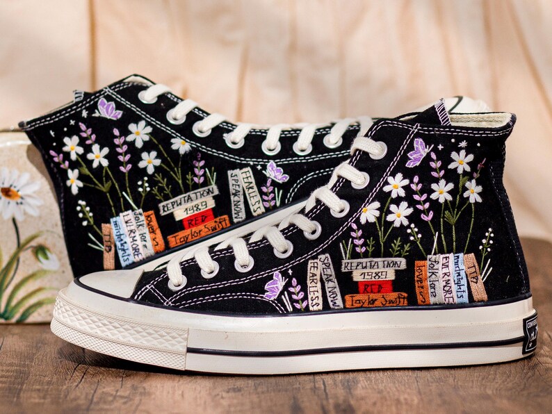Music Lover Converse,Book and Flower, 1989 Embroidered Sneaker, Flower Embroidery Shoes, Handmade Gifts