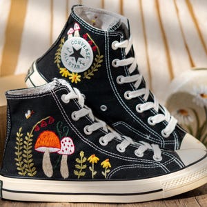 Customized Converse Shoes Embroidery Mushroom, Black High Top Sneakers Embroidered Floral Design, Vintage Embroidery Converse, Handmade Gift