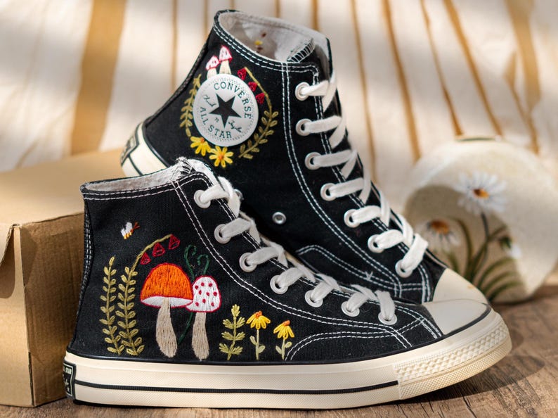 Customized Converse Shoes Embroidery Mushroom, Black High Top Sneakers Embroidered Floral Design, Vintage Embroidery Converse, Handmade Gift