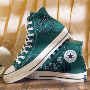Unique Embroidered Converse High Tops, Green Sneakers Embroidered With Village Guard Motif And Dandelion Art, Unique Custom Shoes, Gift Idea
