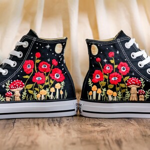 Custom Embroidered Converse, Evil Eye Flower Embroidered Converse Shoes Custom, Red Floral Embroidered Sneaker, Converse Embroidery Evil Eye