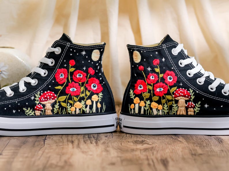 Custom Embroidered Converse, Evil Eye Flower Embroidered Converse Shoes Custom, Red Floral Embroidered Sneaker, Converse Embroidery Evil Eye