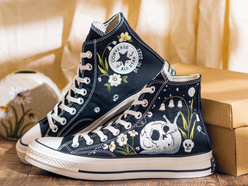 Custom Gothic Embroidered Converse High Tops, Black Canvas Sneakers Embroidery With Skull And Snail, Halloween Converse Shoes, Unique Gifts