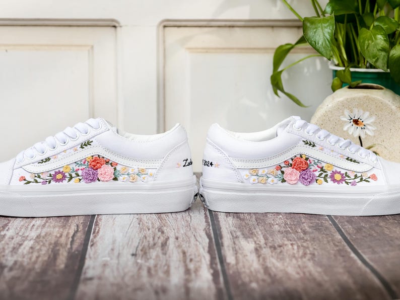 Bridal Flower Embroidered Vans, 3D Flowers Embroidered Vans for Bride, Wedding Flowers Embroidered Shoes, Sneakers Wedding Embroidery Floral