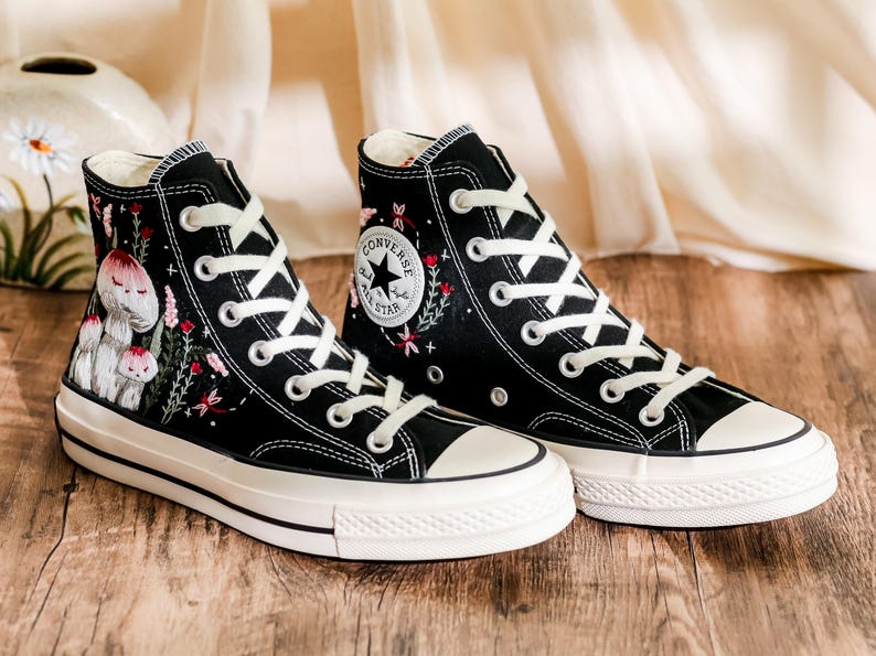 Custom Embroidered Converse Shoes, Mushroom Embroidery Converse High Tops, Custom Converse Shoes for Mushroom Lovers,  Unique gifts