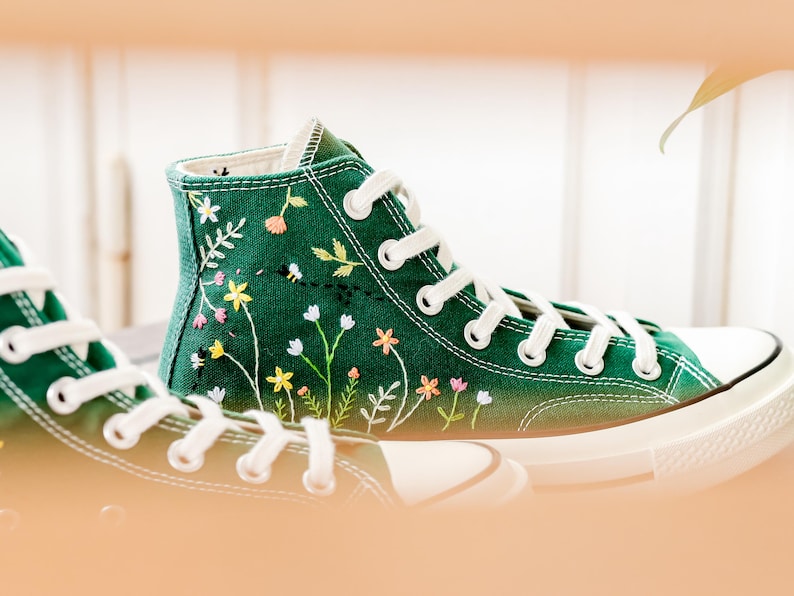 Wildflower Embroidered Converse, Small Flowers and Bees Embroidered Shoes, Custom Floral Embroidered Sneakers, Unique Gift for Nature Lover