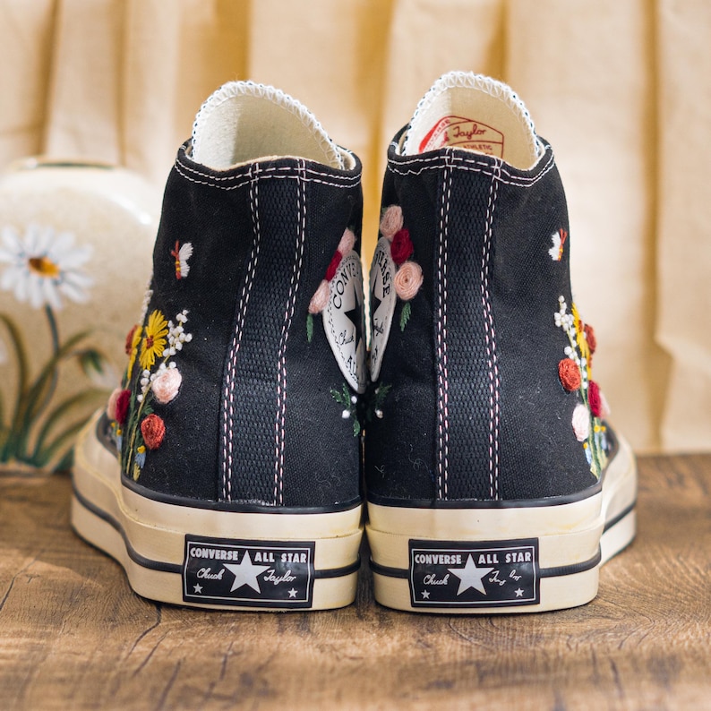 Custom Embroidered Converse Chuck Taylor High Top, Black Converse Embroidery Wildflower & Butterfly, Floral Embroidered Sneakers, Women Gift
