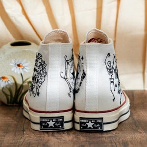 Custom Halloween Embroidered Converse Chuck Taylor High Tops, Converse Embroidery Dancing Skeletons & Spooky, Custom Sneaker, Halloween Gift