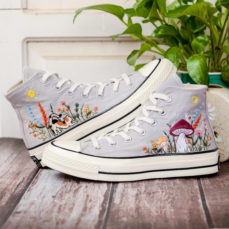 Wildflower Garden Embroidered Converse, Mushrooms, Cat Embroidered Shoes, Custom Floral Embroidery Shoes, Summer Cottagecor Embroidery Shoes