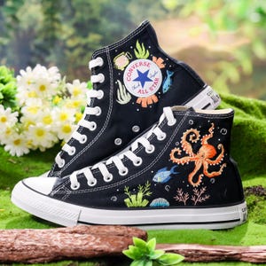 Custom Embroidered Converse, Octopus and Sea Turtle Embroidered Shoes Custom, Ocean and Coral, Fish Embroidered Sneakers Custom, Diver Gifts