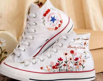 Custom Design Bridal Sneakers, Wedding Flower Garden Embroidered Converse, Wildflowers and Mushroom Embroidered Shoes, Converse Custom Name