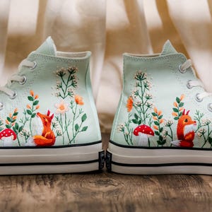 Embroidered Converse Summit Sage, Graden Floral and Fox Embroidered Shoes, Mushroom, Red Fox Embroidered Sneakers, Converse Embroidery Fox