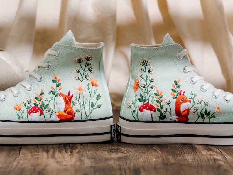 Embroidered Converse Summit Sage, Graden Floral and Fox Embroidered Shoes, Mushroom, Red Fox Embroidered Sneakers, Converse Embroidery Fox