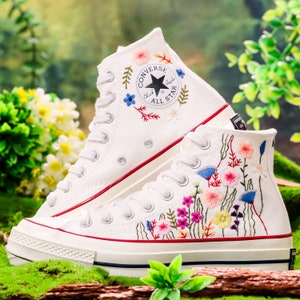 Custom Wedding Shoes for Bride, Bridal Flowers Embroidered Converse Custom, Floral Embroidered Shoes Custom, Personalized Sneakers Gifts