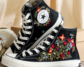 Embroidered Converse, Converse Embroidery Flower, Garden Wildflower Embroidered Converse Shoes, Flower Embroidered Sneakers, Handmade Gift