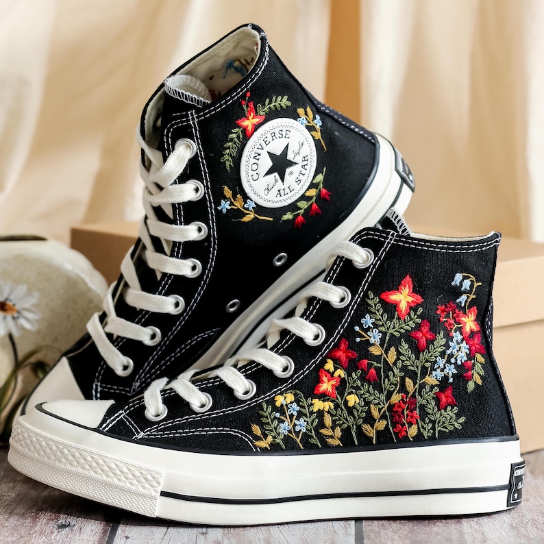 Embroidered Converse, Converse Embroidery Flower, Garden Wildflower Embroidered Converse Shoes, Flower Embroidered Sneakers, Handmade Gift