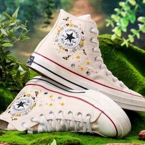 Custom Floral Converse, Bees, Sunflowers Embroidery Converse, Flower and Bee Embroidered Shoes, Unique Custom Floral Sneakers, Gift For Her