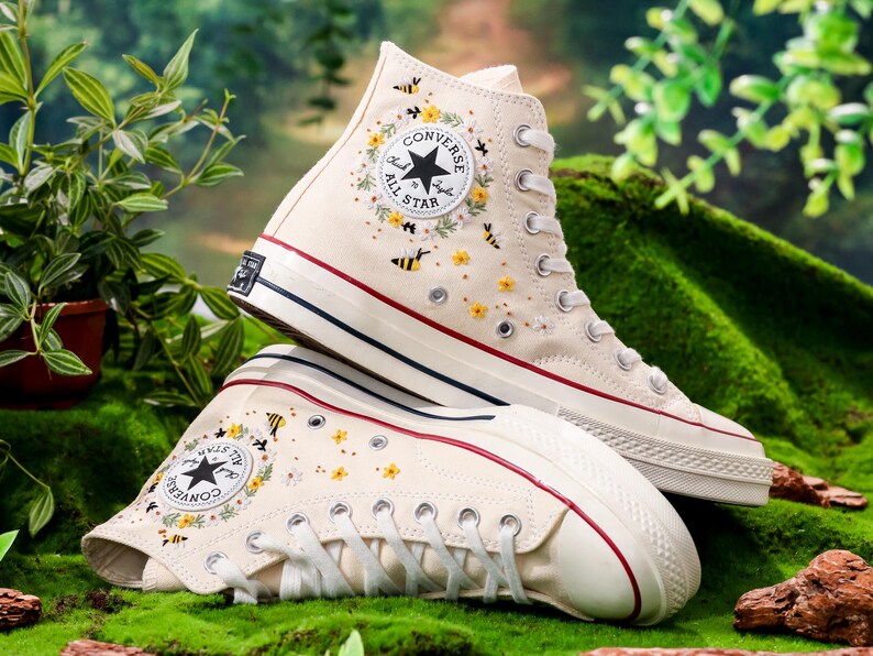 Custom Floral Converse, Bees, Sunflowers Embroidery Converse, Flower and Bee Embroidered Shoes, Unique Custom Floral Sneakers, Gift For Her