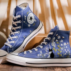 Custom Flowers and Cat Embroidered Converse Blue High Tops, Custom Converse Embroidered Floral, Pet Embroidered Shoes, Gifts for Pet Lovers