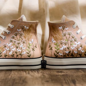 Embroidered Converse Custom, Wildflowers Embroidered Shoes, Chrysanthemum Embroidered Sneakers, Brown Converse Embroidery Flower for Her