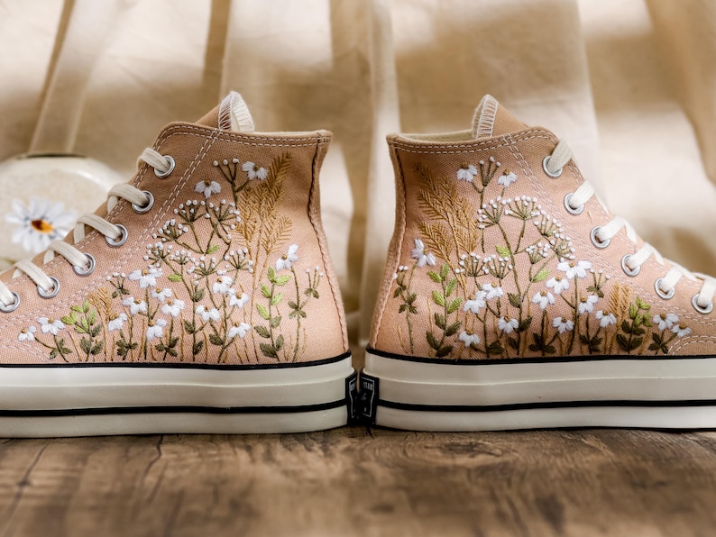 Embroidered Converse Custom, Wildflowers Embroidered Shoes, Chrysanthemum Embroidered Sneakers, Brown Converse Embroidery Flower for Her