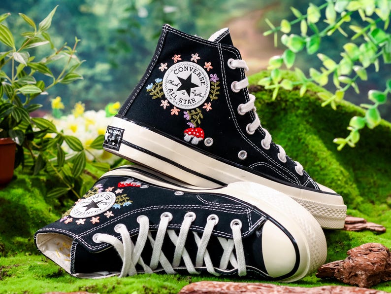 Custom Embroidered Converse High Tops, Angel, Flowers, Mushroom Embroidered Shoes,garden and Flowers Embroidered Sneakers, Gift for Her