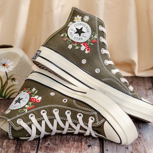 Mushrooms Embroidered Converse High Tops Custom, Strawberry, Mushrooms Embroidered Shoes, Sneakers Embroidery Mushroom, Strawberry for Women