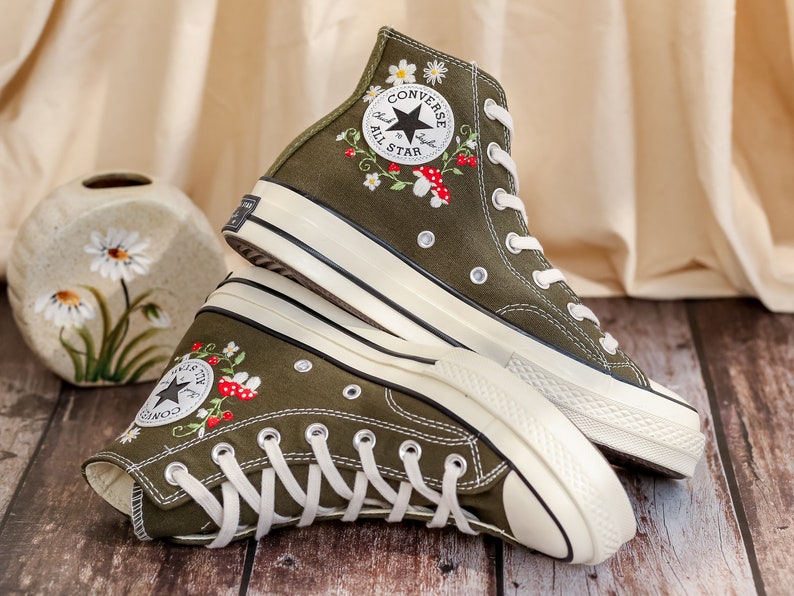 Mushrooms Embroidered Converse High Tops Custom, Strawberry, Mushrooms Embroidered Shoes, Sneakers Embroidery Mushroom, Strawberry for Women