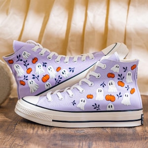 Custom Halloween Embroidered Converse High Top, Purple Converse Embroidery With Ghost & Pumpkin, Unique Embroidered Sneakers, Halloween Gift