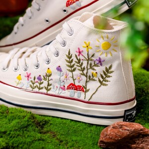 Embroidered Converse, Custom Converse Embroidered Flower and Mushroom Garden, Mushroom and Floral Embroidery Shoes for Women, Gift For Her