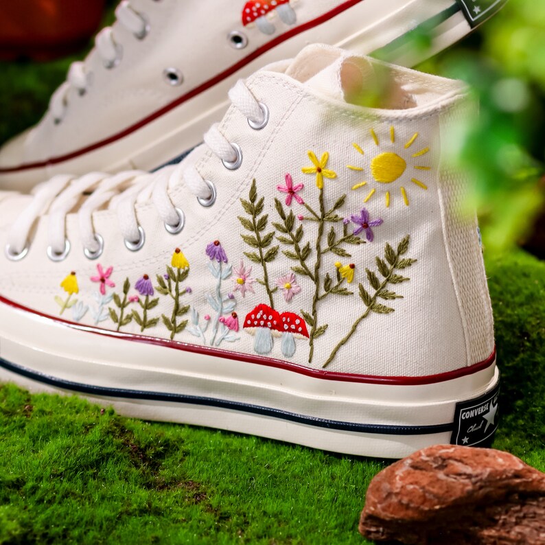Embroidered Converse, Custom Converse Embroidered Flower and Mushroom Garden, Mushroom and Floral Embroidery Shoes for Women, Gift For Her