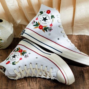 Custom Christmas Embroidered Converse Chuck Taylor High Tops, Converse Embroidery With Christmas & Floral, Personalized Shoes, Holiday Gifts