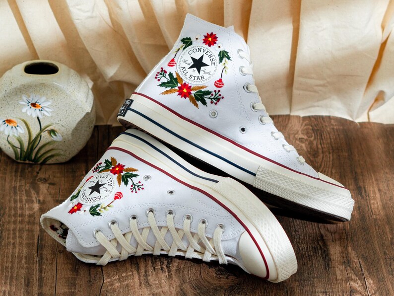 Custom Christmas Embroidered Converse Chuck Taylor High Tops, Converse Embroidery With Christmas & Floral, Personalized Shoes, Holiday Gifts